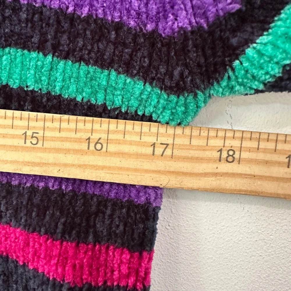 Vintage 90s Chenille Sweater Cropped Quarter Zip Purple Green Stripe Womens XS
